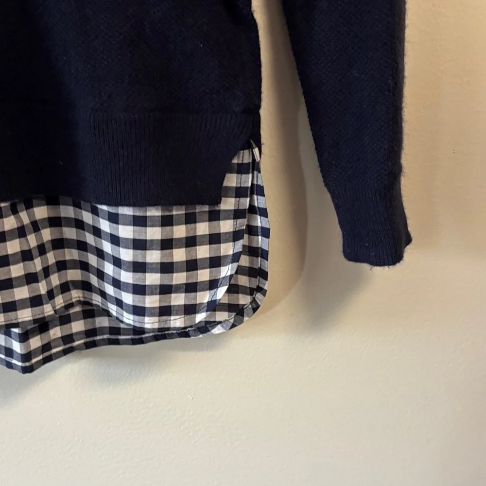 Crewcuts Navy Sweater with Checkered Hem girls sz 12 merino wool blend